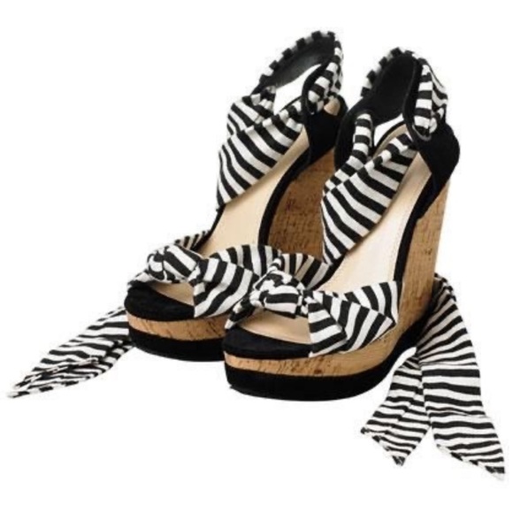 NWOT Shoemint Open Toe Striped Cork Platform Wedges Lace Up Ties Black White 5.5 - Picture 8 of 16